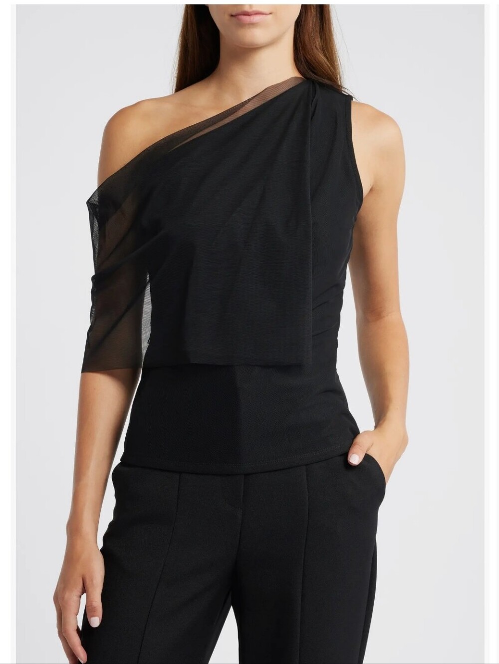 Marcella Zinna Asymmetrical One Shoulder Top Black Mesh Overlay Ponte Knit XL